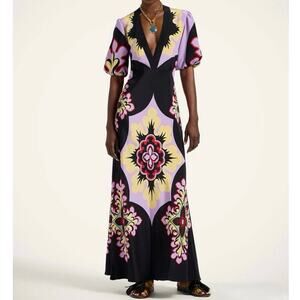 La DoubleJ Marlene Printed Silk v neck crepe Maxi Dress Small